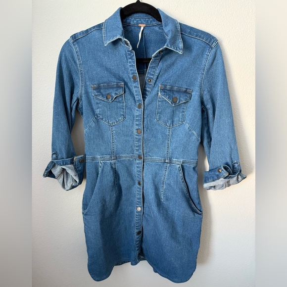Free People Denim Dynomite Mini Dress Medium Wash Small - Picture 2 of 7